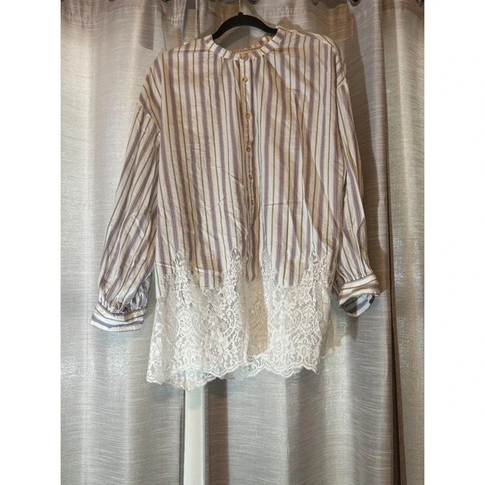 Anthropologie PILCRO Striped Lace Hem Tunic Blouse Shirt Long Sleeve Top Sz XL